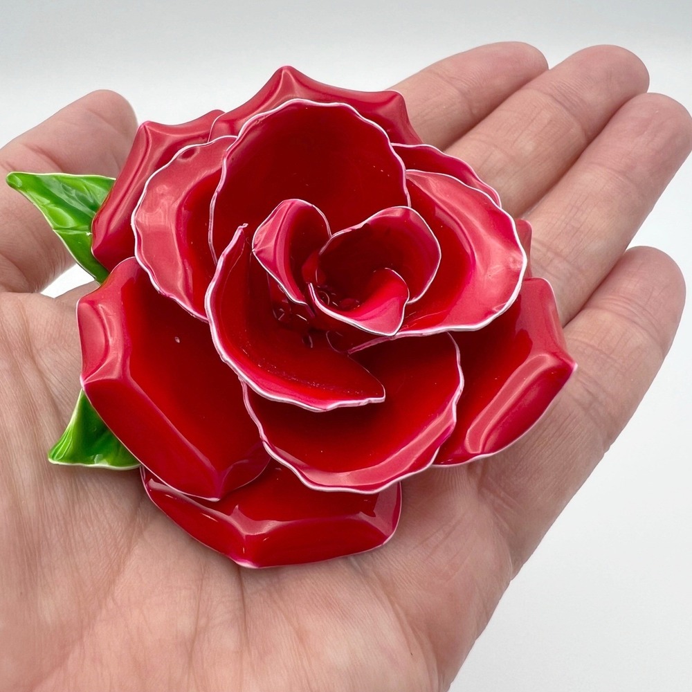 Vintage Red Rose Enamel Brooch Pin Large Floral Statement Jewelry 3 Inch 3D